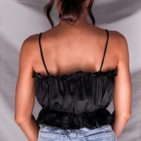 Boho Black Satin Ruffle Puff Crop Top Tank - Picture 2 of 5